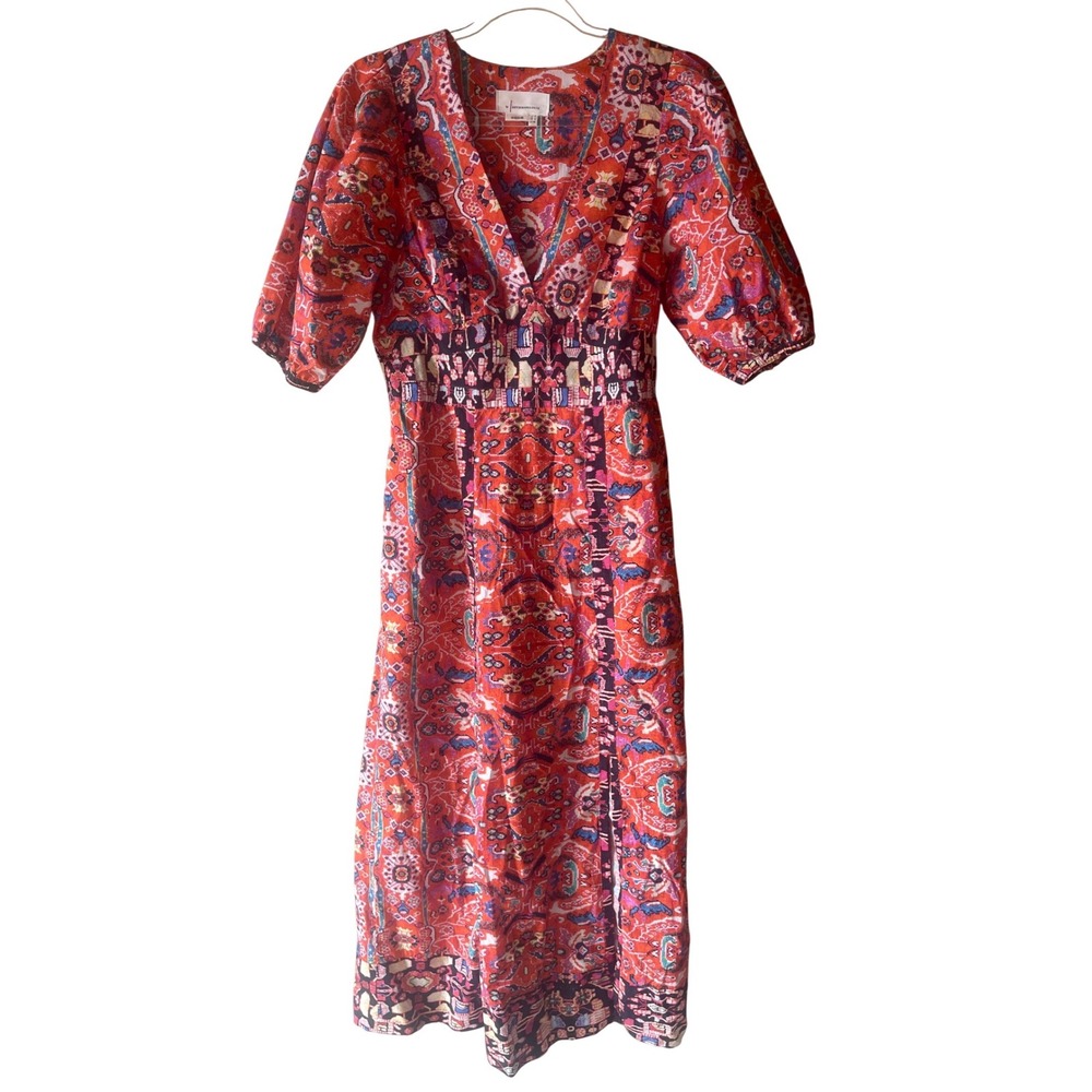 Anthropologie Midi Dress Womens 4 Red Paisley Puff Sleeve V-Neck Boho‎ Excellent